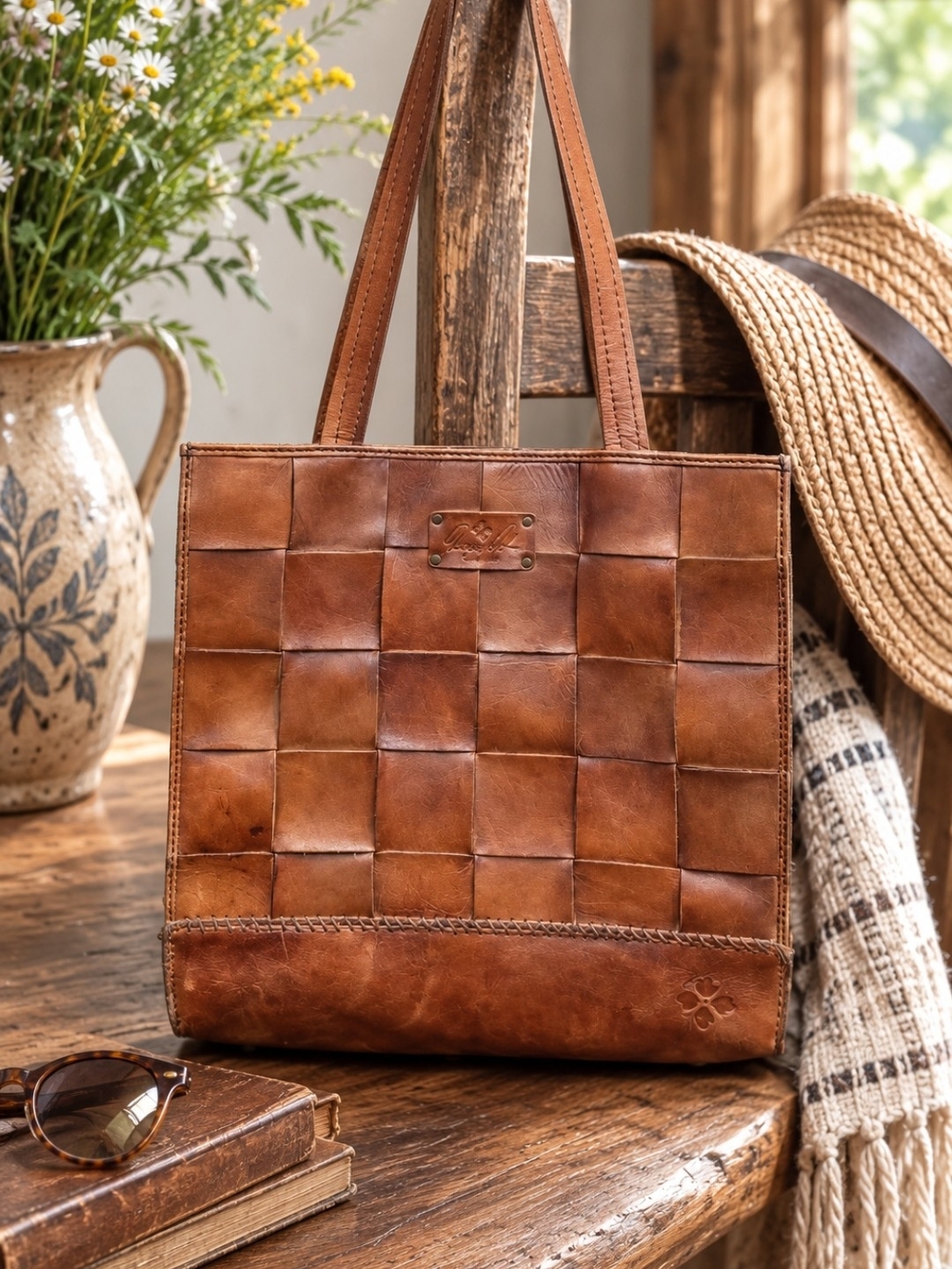 Patricia Nash Woven Patchwork Leather Tote Bag Brown Shoulder Purse